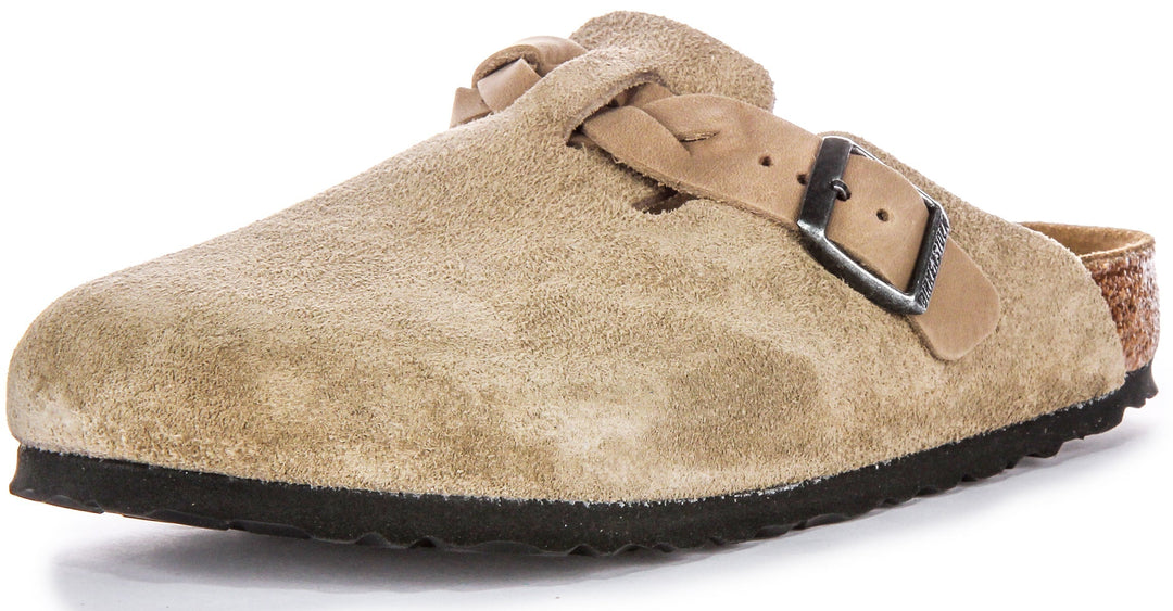 Birkenstock Boston Clogs | Taupe suede leather - Braided Strap for Women
